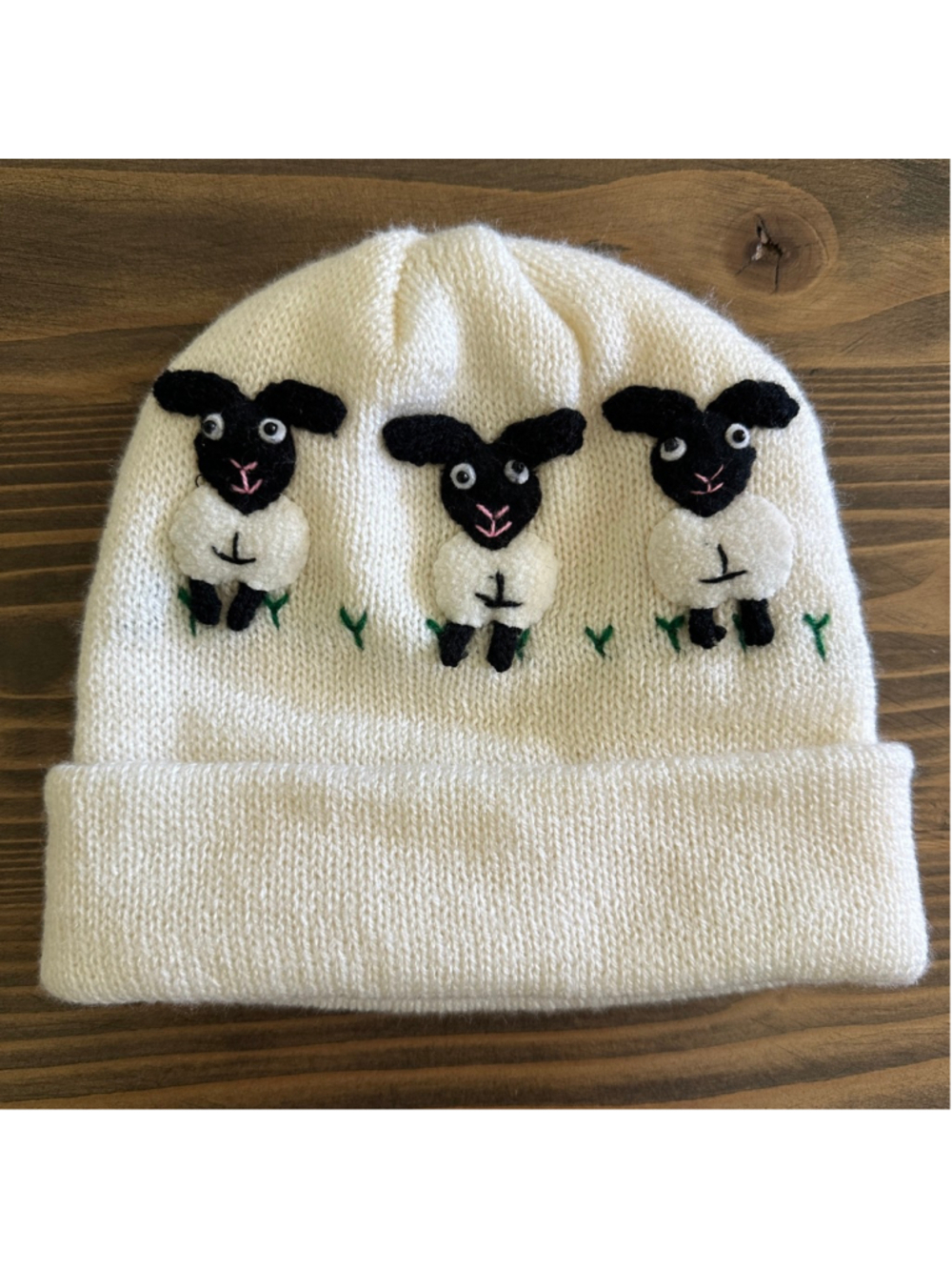 Baby Sheep Knit Beanie White Black Handmade Winter Hat Infant Toddler